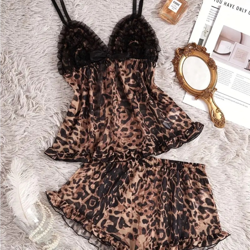 Exotic Leopard Print Pajama Set with Lace Accents